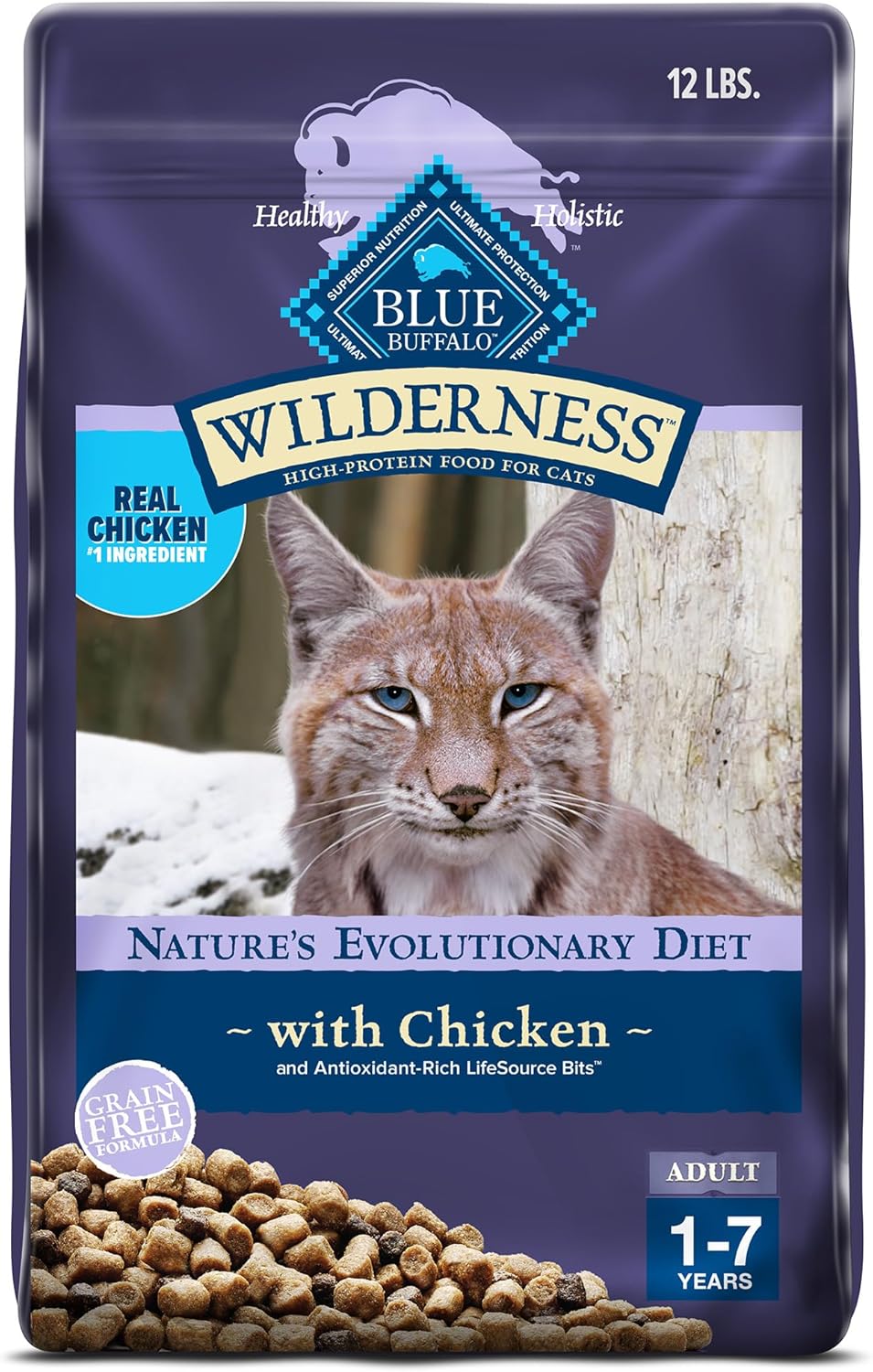 A 12-pound bag of Blue Buffalo Wilderness dry cat food for adults aged 1-7, featuring a wildcat photo, labeled Chicken and highlighting high-protein, real chicken, and grain-free formula—ideal as Maine Coon cat food.