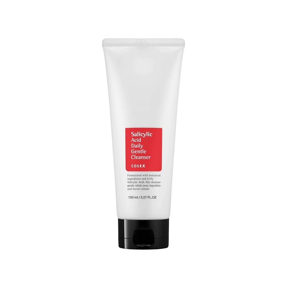 A white tube of COSRX Salicylic Acid Daily Gentle Cleanser with a black cap and red label. This 150 ml (5.07 fl. oz.) salicylic acid cleanser for blackheads helps target impurities while gently cleansing the skin.