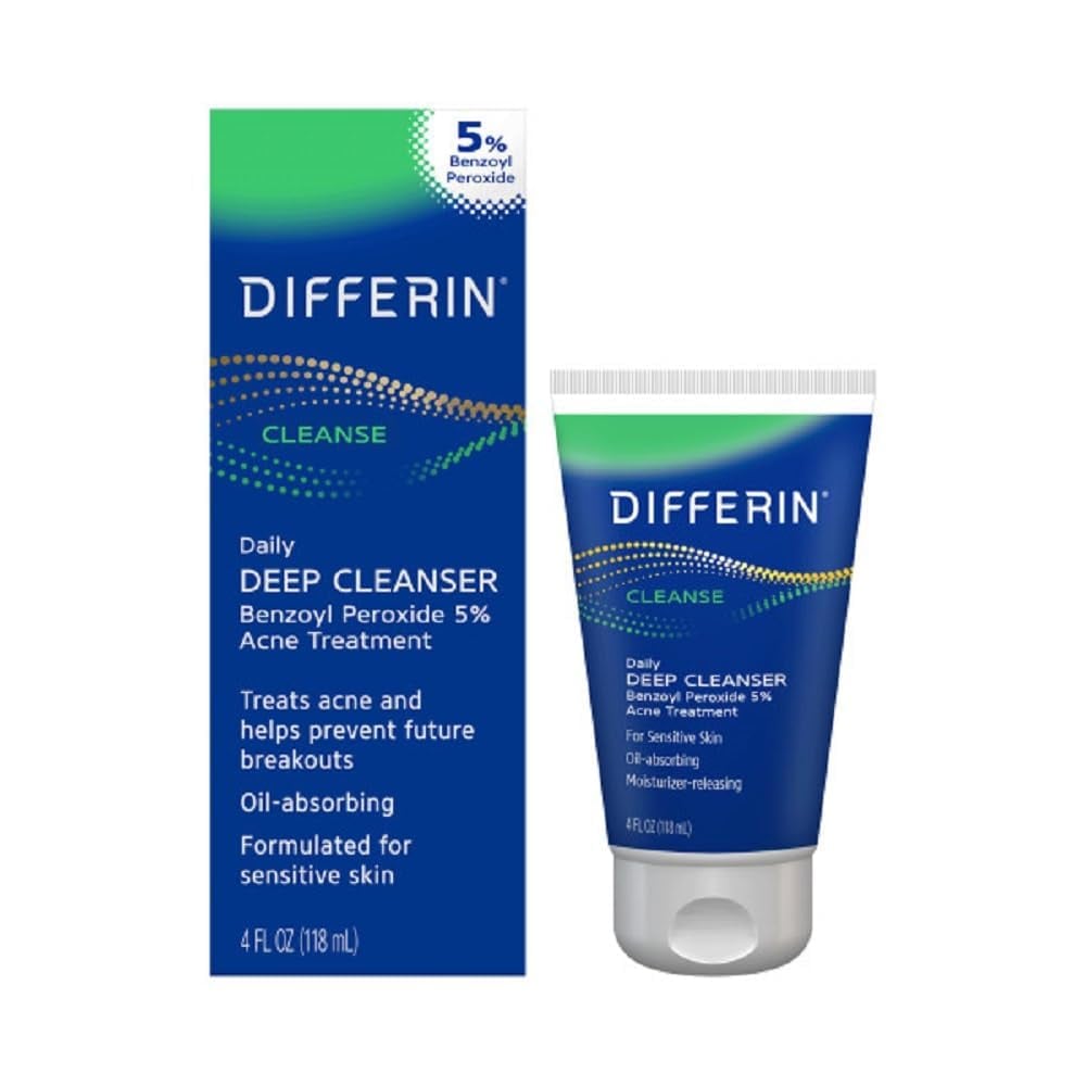 A blue and green box and tube of Differin Cleanse Daily Deep Cleanser with Benzoyl Peroxide 5%—an oil-absorbing, salicylic acid cleanser for blackheads and acne, specially formulated for sensitive skin; both are 4 fl oz (118 mL).