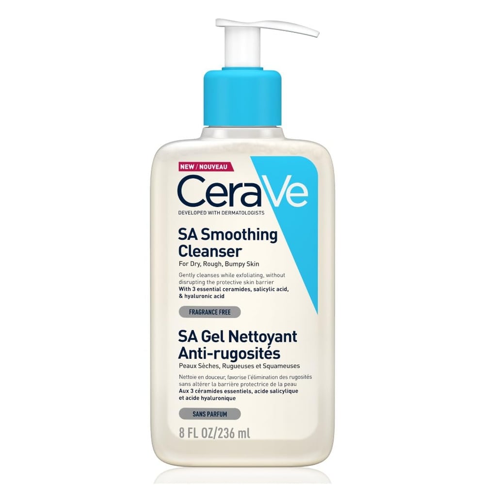 A bottle of CeraVe SA Smoothing Cleanser with a blue pump, featuring salicylic acid to target blackheads and smooth dry, rough skin. The 8 fl oz (236 ml) bottle is fragrance free with text in English and French.