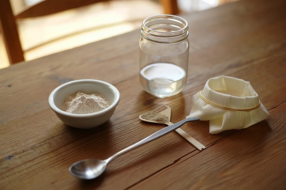 An image showing all ingredients and tools needed to prepare a sour dough starter