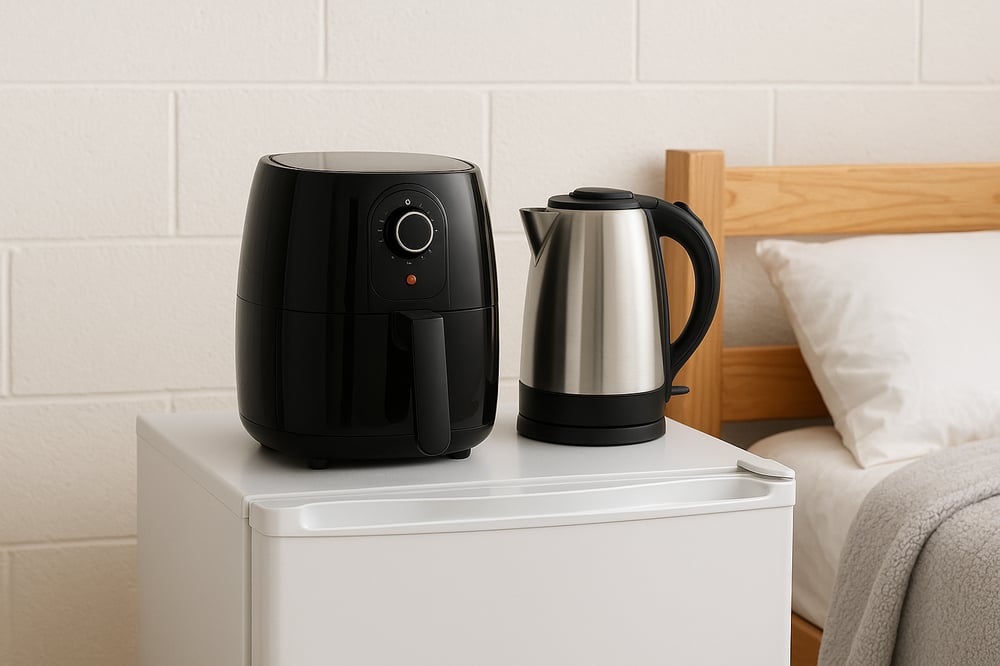 Cozy college dorm room setup with a electric kettle, modern air fryer, and mini fridge — perfect dorm essentials for students who love quick meals, snacks, and stylish small space living
