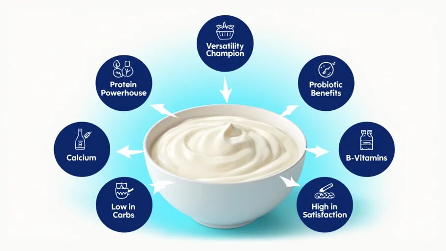 An educational infographic featuring a large white bowl of Greek yogurt as the central image against a soft blue gradient background. Six circular information badges arranged in a hexagonal pattern around the bowl display key benefits with white text on dark blue circles. Each badge contains an icon and text reading "Protein Powerhouse", "Probiotic Benefits", "Calcium", "B-Vitamins", "Low in Carbs", and "High in Satisfaction", with "Versatility Champion" positioned at the top. White arrows point from each badge toward the central yogurt bowl. The bowl shows thick, creamy white Greek yogurt with a realistic texture. Clean vector illustration with flat design elements and simple iconography against gradient background.