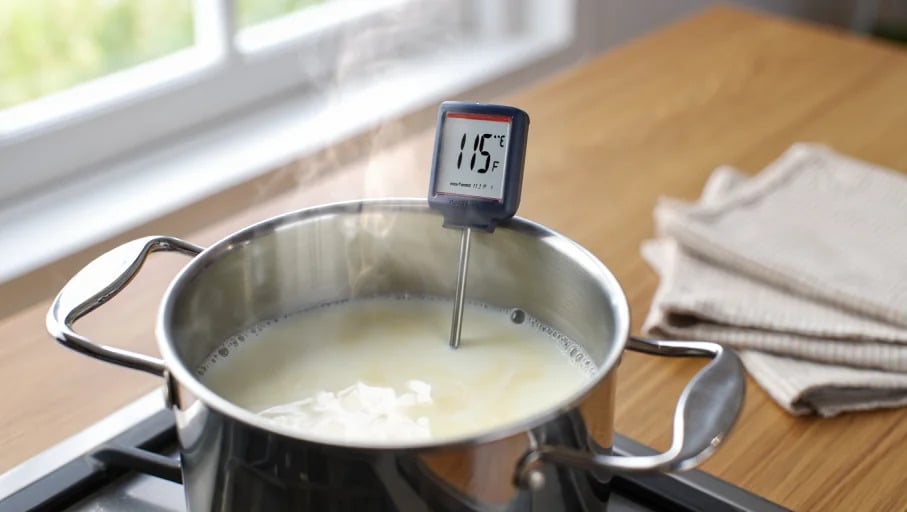 A pot of hot milk resting on a wooden countertop, thermometer inserted showing 115°F. Steam is fading, creating a calm cooling effect. Clean kitchen towels folded nearby, natural daylight coming through a window. Ultra-realistic, bright kitchen photography