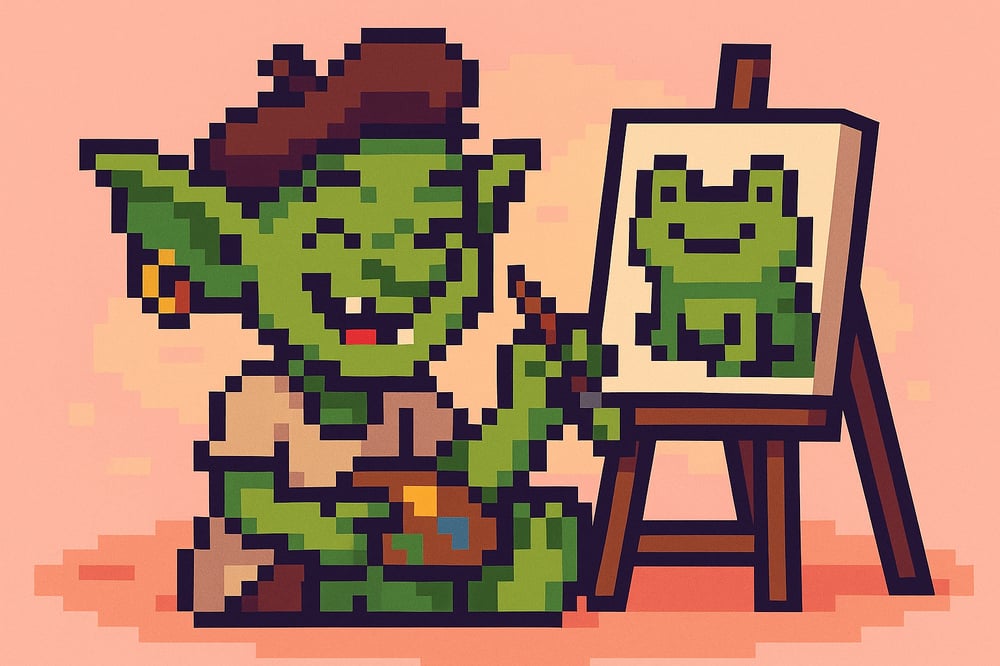 Pixel art of a cheerful green goblin wearing a brown beret and beige tunic, sitting on a stool with a paintbrush and palette. The goblin grins widely while painting a smiling green frog on a canvas mounted on an easel. The background is pink, adding a playful, lighthearted tone.