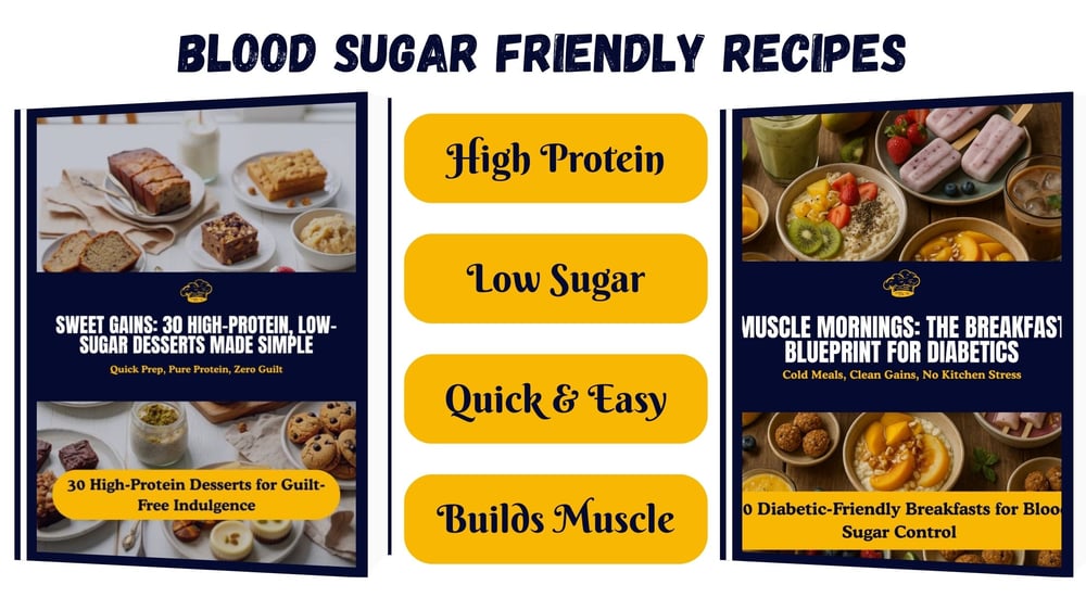 Collection of diabetic-friendly e-books including Sweet Gains desserts and Muscle Mornings breakfast recipes, designed to control blood sugar, support Type 2 diabetes, and provide low-sugar, high-protein meals for healthy living.