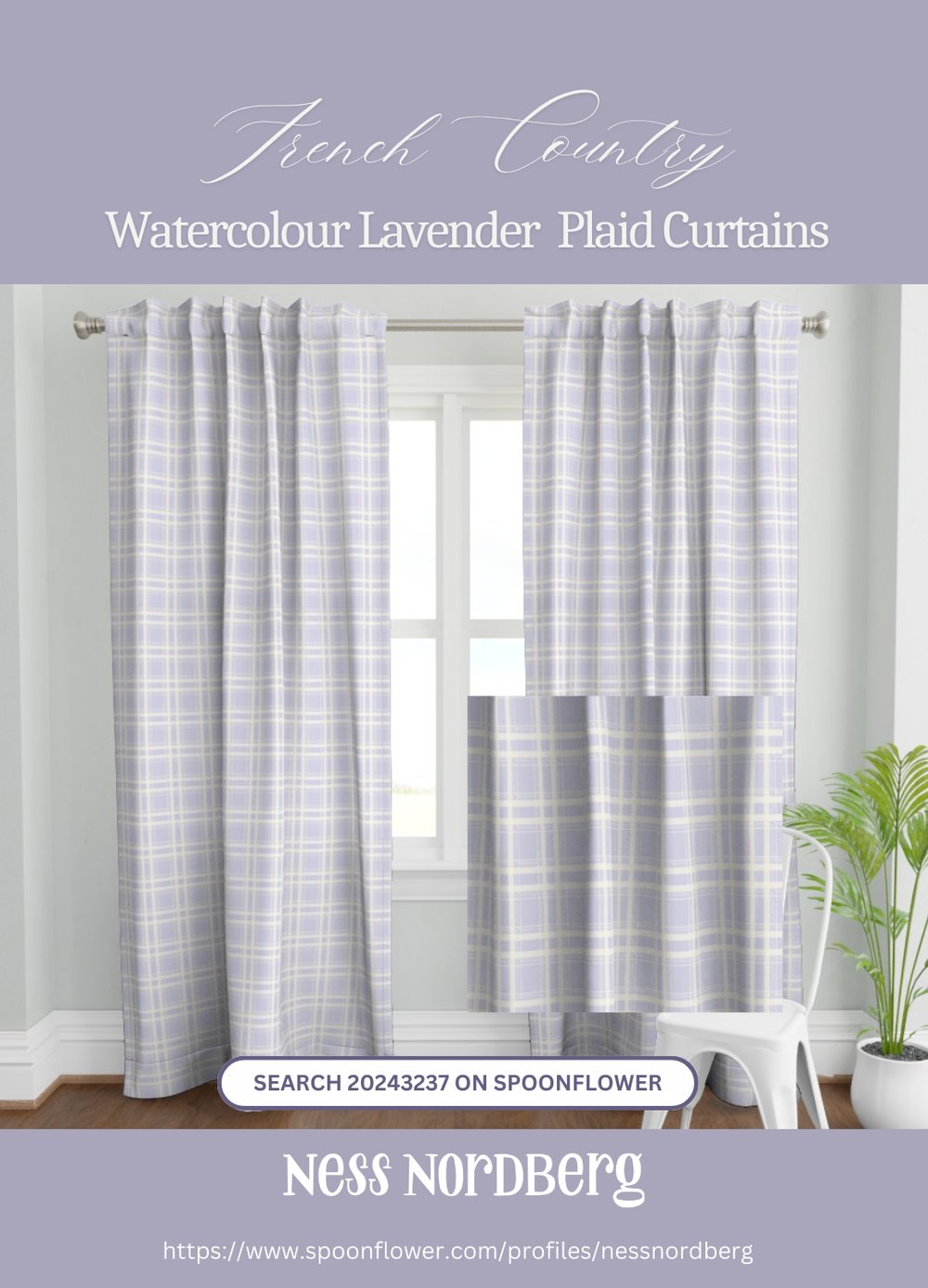French Country Watercolor Lavender Plaid Curtains
