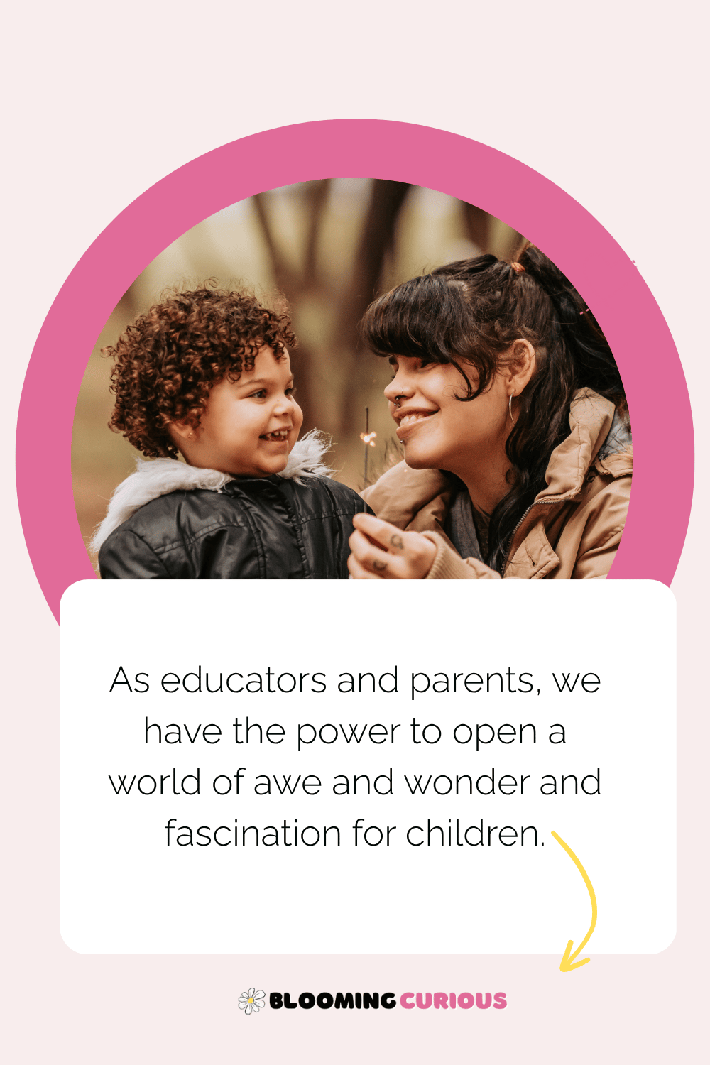 Mother nurturing her child's curiosity looking at a dandelion