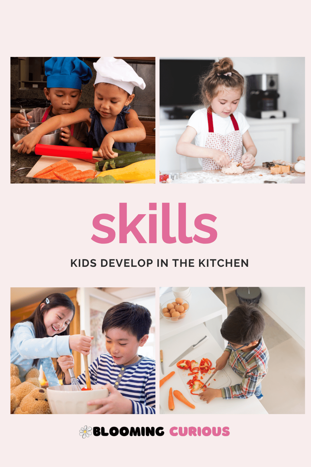 Skills kids develop in the kitchen. Pictures of children doing activities related to cooking
