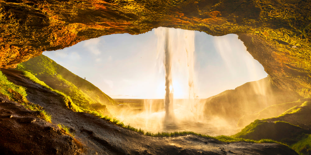 Eye of the dragon sunset seljalandsfoss iceland waterfall behind