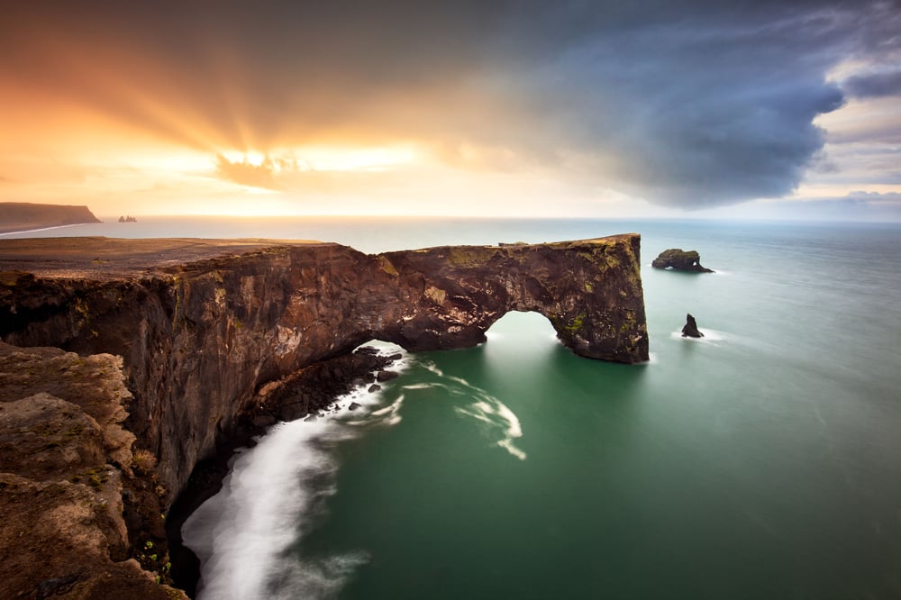 dyrholaey iceland vik reynisdrangar sunrise beautiful landscape rock hole_1