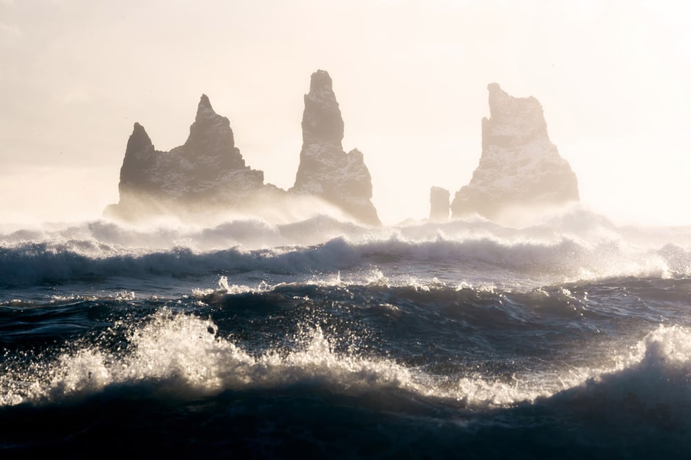 Reynisdrangar sea stacks sunset vik black beach iceland landscape photography vikursfjara