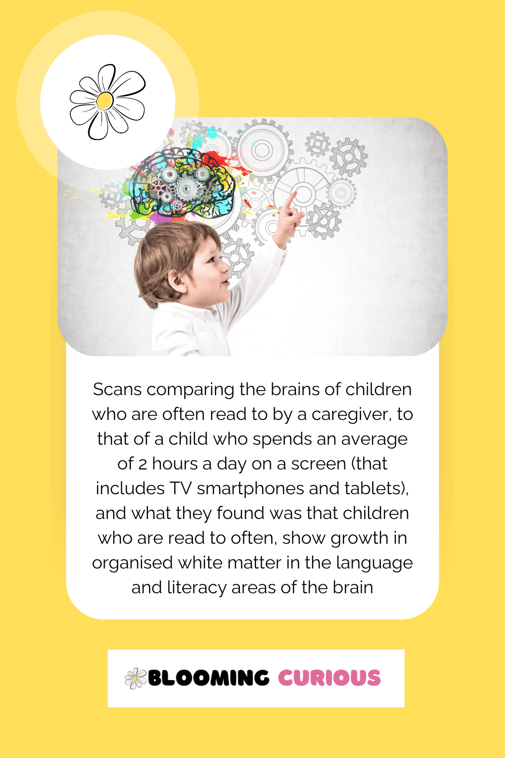 Effect of reading on children's brains - child with brain and turning cogs