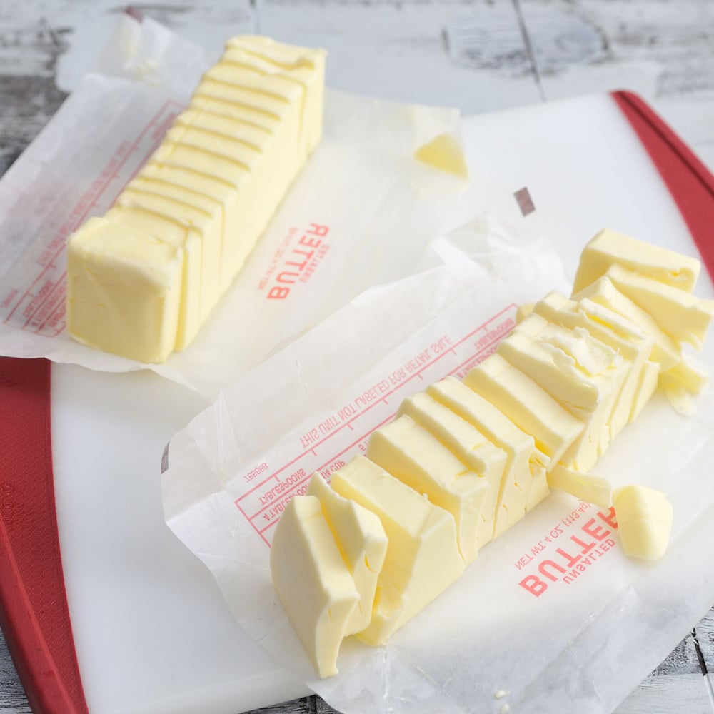 A sliced stick of butter.
