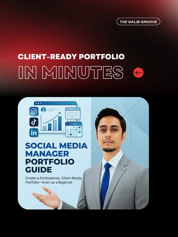 Social Media Manager Portfolio Guide graphic featuring a professional and icons, promising a client-ready portfolio in minutes.