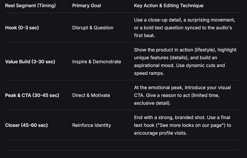 Table detailing "The Conversion-Focused Reel Framework" with columns for segment timing, primary goal, and editing techniques for social reels.