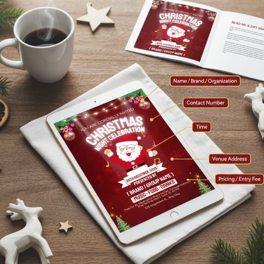 Editable Christmas party flyer template for digital download. The design shows a red festive layout with a central Santa character and call-out boxes pointing to editable fields like Name, Brand, Contact Number, Time, and Venue Address.