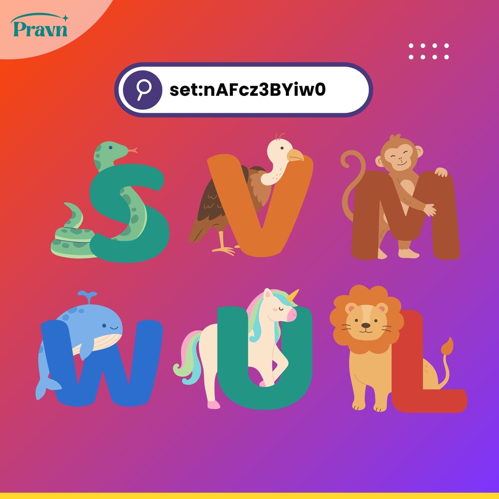 Creative animal-themed alphabet letters S, V, M, W, U, and L illustrated as snake, vulture, monkey, whale, unicorn, and lion on a colorful gradient background.