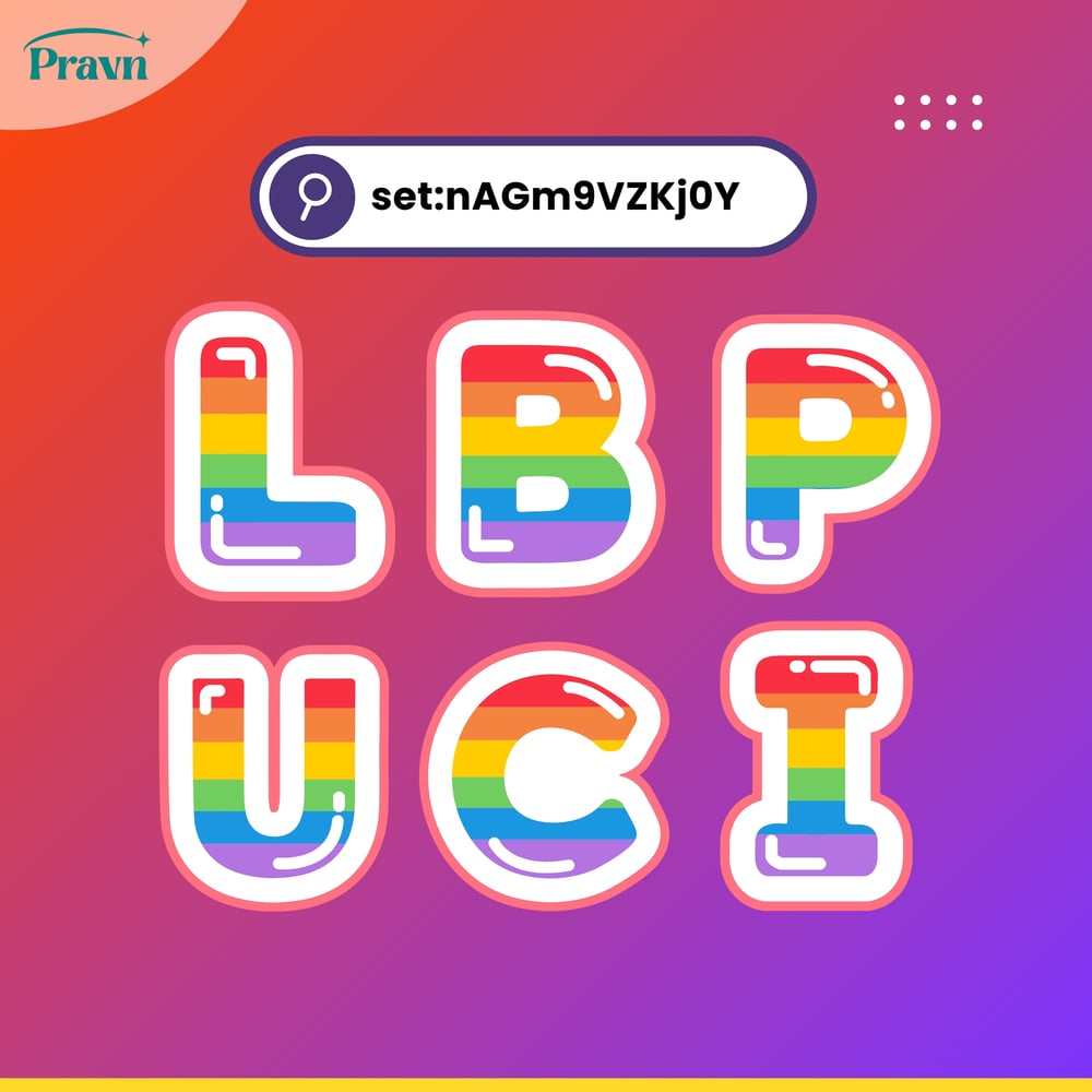 Glossy rainbow-colored alphabet letters L, B, P, U, C, and I with a sticker-style outline on a red-to-purple gradient background.