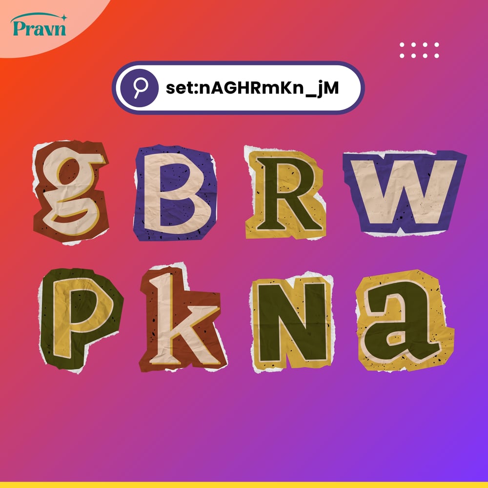 Vintage textured cut-paper style alphabet letters G, B, R, W, P, K, N, and A arranged on a colorful gradient background.