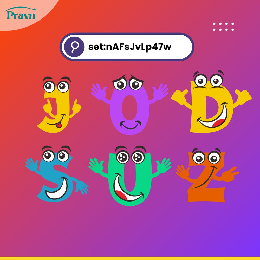 Cute cartoon alphabet letters J, O, D, S, U, and Z with expressive faces and hands on a vibrant gradient background.