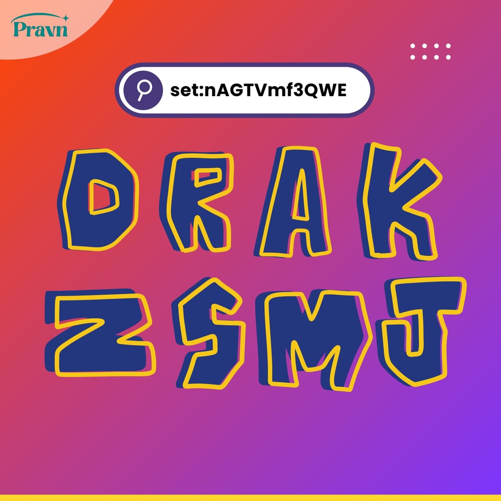Playful hand-drawn alphabet letters D, R, A, K, Z, S, M, and J in bold blue with yellow outlines on a red-to-purple gradient background, designed in Canva by Pravn.