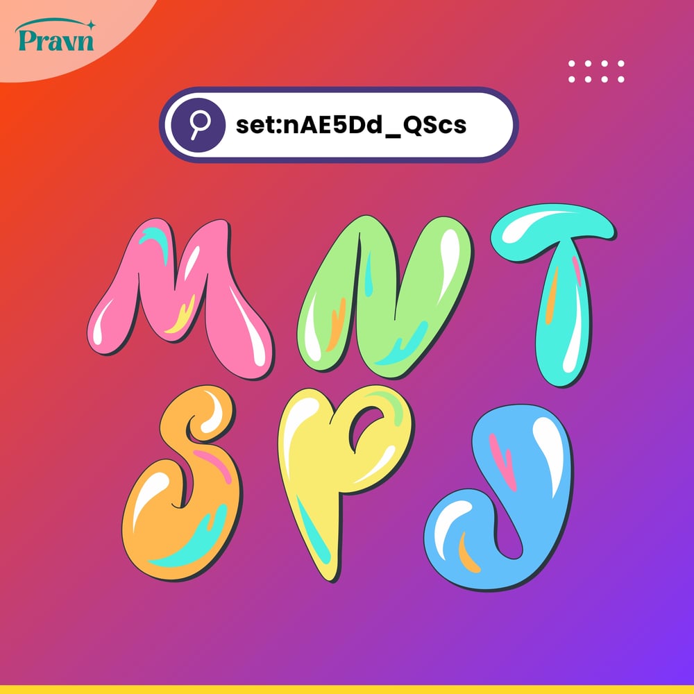 Shiny, rounded bubble-style alphabet letters M, N, T, S, P, and J in bright pastel colors on a gradient background.