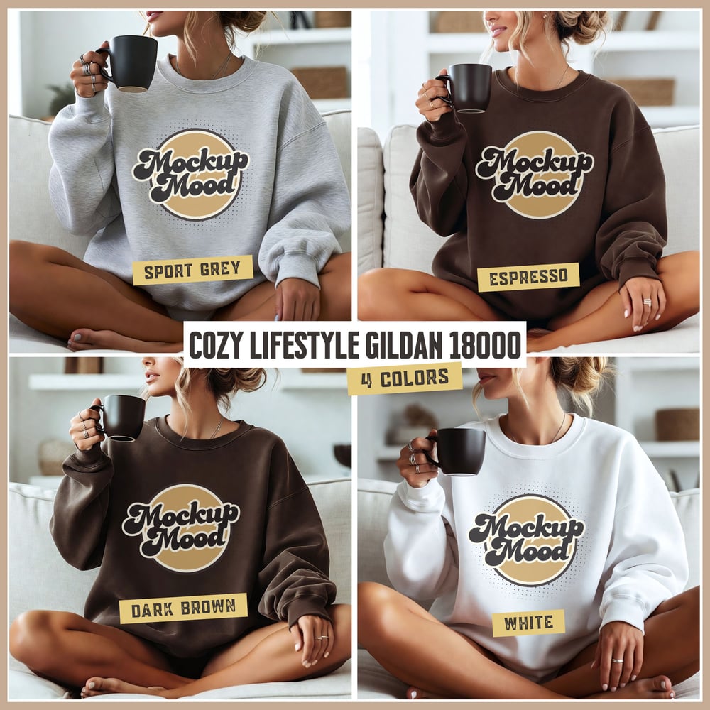 Cozy Lifestyle Gildan 18000 Sweatshirt Mockups – 4 High-Resolution Square JPEG | Premium POD Apparel Mockups
