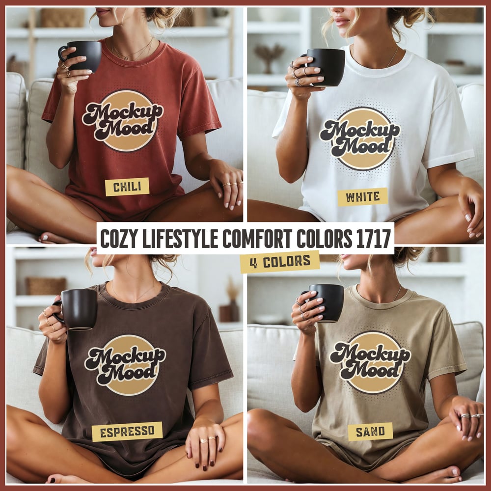 Cozy Lifestyle Comfort Colors 1717 T-Shirt Mockups – 4 High-Resolution Square JPEG | Premium POD Apparel Mockup Bundle