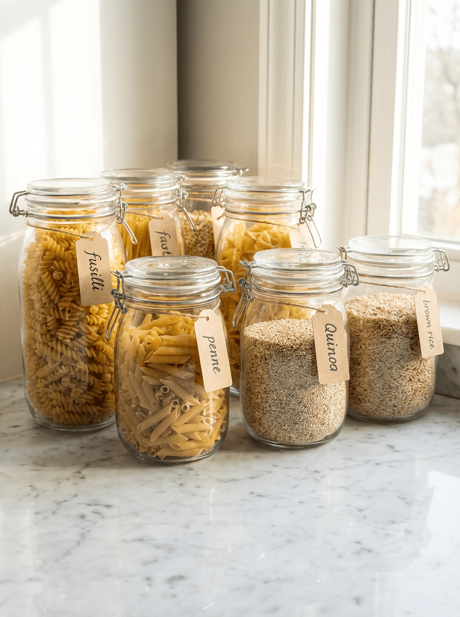 Neatly labeled glass kitchen containers for organized food storage.