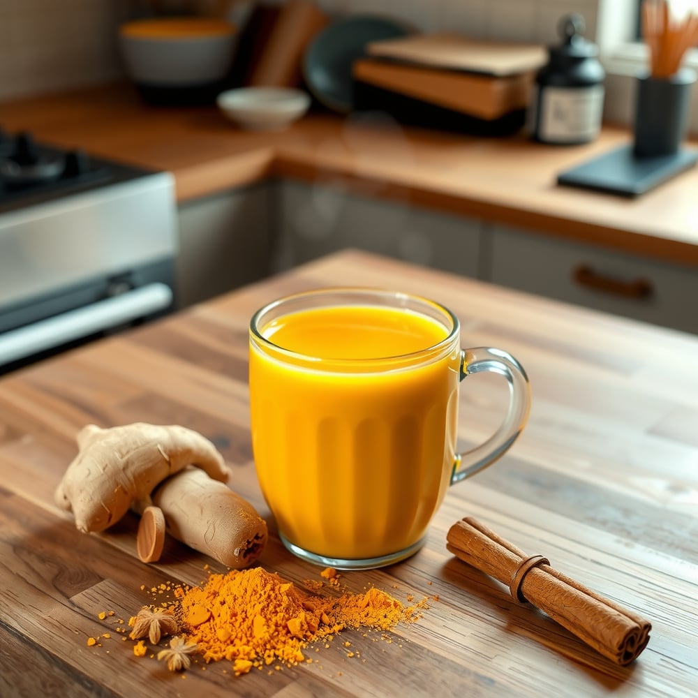 a clear glass mug filled with an orange drink sat on a kitchen worktop with ginger, turmeric and cinnamon sat on the worktop beside the cup.