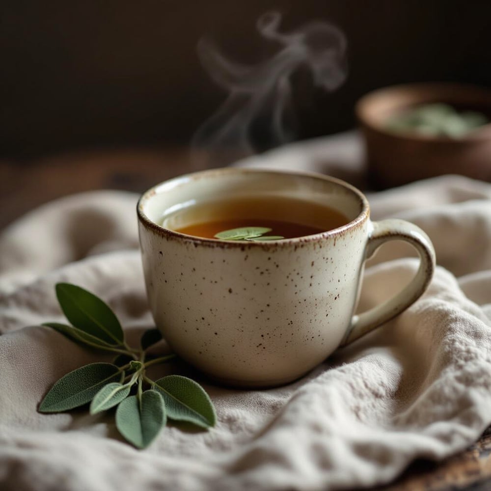 A beige colored mug with brown flecks filled with a herbal tea with sage leaves sat in the mug on top of the tea, it is sat on a linen tablecloth.