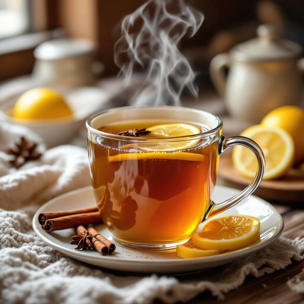 a glass mug mith a tea inside it also has orange slices and star anise on top of the tea. it is sat on a linen tablecloth.