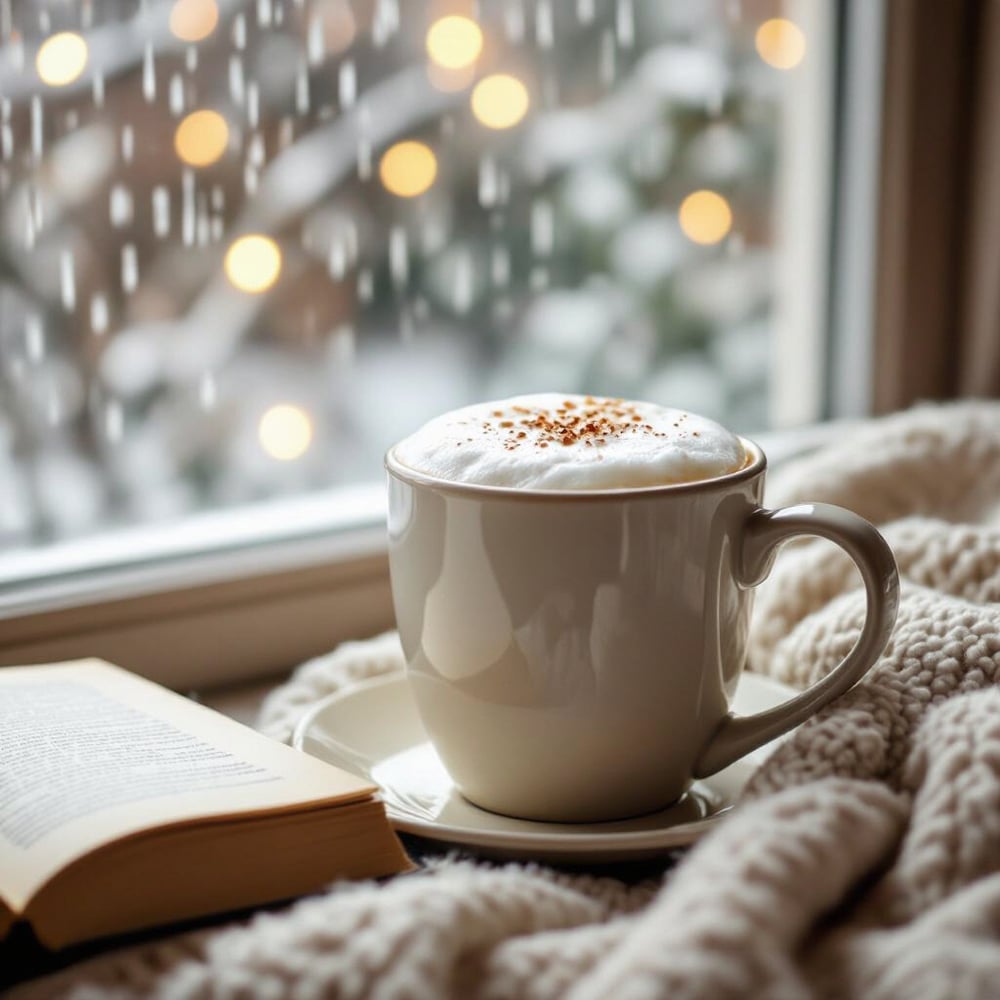 a beige colored cup sat in front of a window, with rain outside with an open book to the side. cozy setting