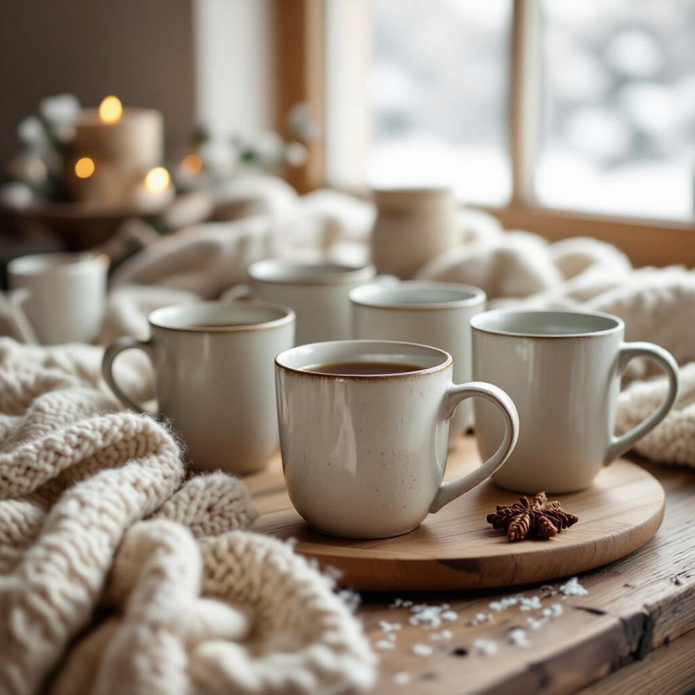 Multiple beige colored cups with hot drinks in them, sat on a table with knitted products at the side of it. there are candles glowing softly in the background.