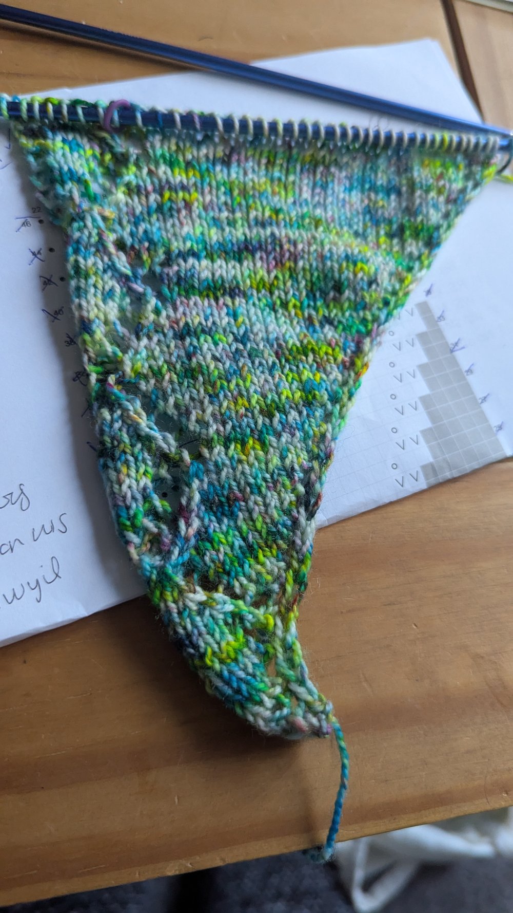 Speckled green and purple knitting on a single needle with a lace pattern to the left