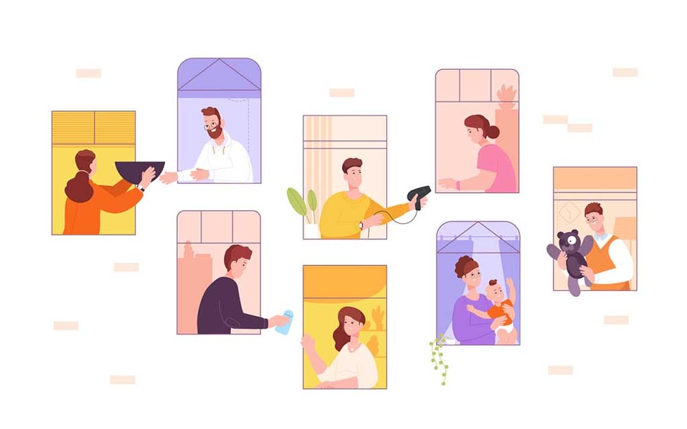 Clip art of neighbors trading goods and services