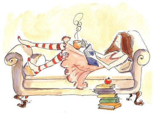 A watercolor illustration of a girl lounging with a book and hot drink. Ilustration by Therese Cilia