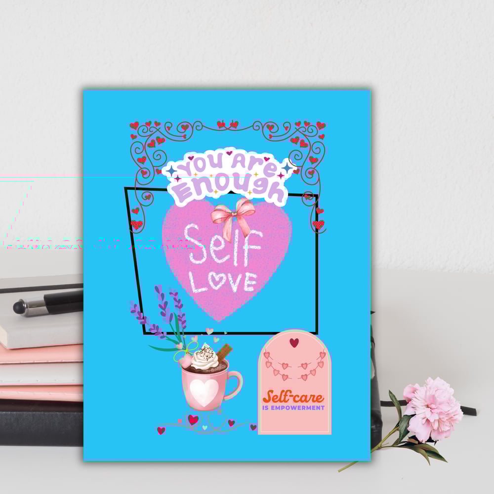 This image of "You Are Enough Self-Love Journal" by Jennifer Jones shows the cover of the printable journal that is designed with red and black heart frames on the top left and right corners and joined in the center above the title. The cover also has images of a large pink heart, a cup of hot chocolate, and lavender flowers.