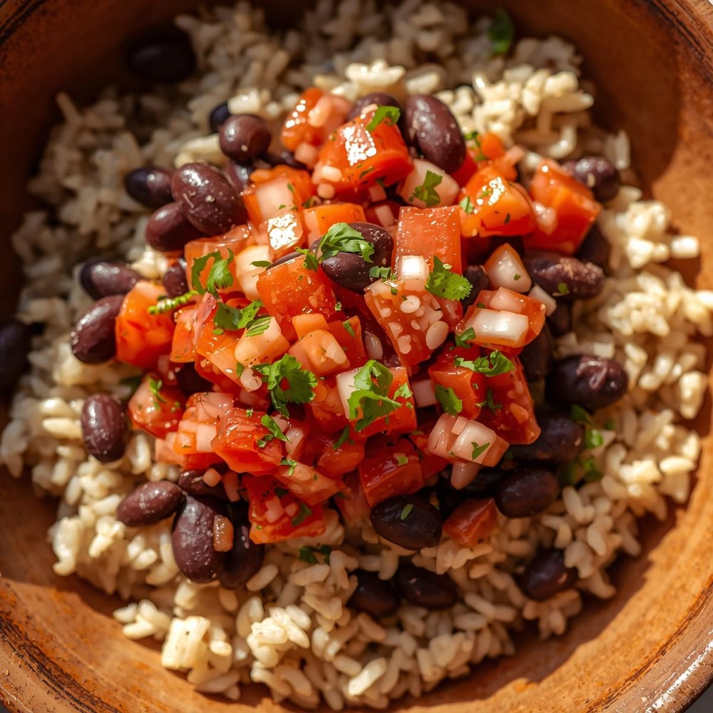 Lunch_ Brown rice with black beans and salsa – A simple, plant-based meal packed with protein and fiber.