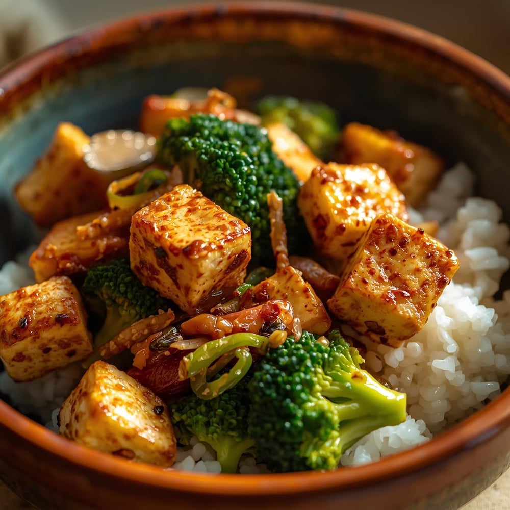 Dinner_ Stir-fried tofu with broccoli and rice – Tofu is an affordable protein and pairs well with veggies like broccoli.