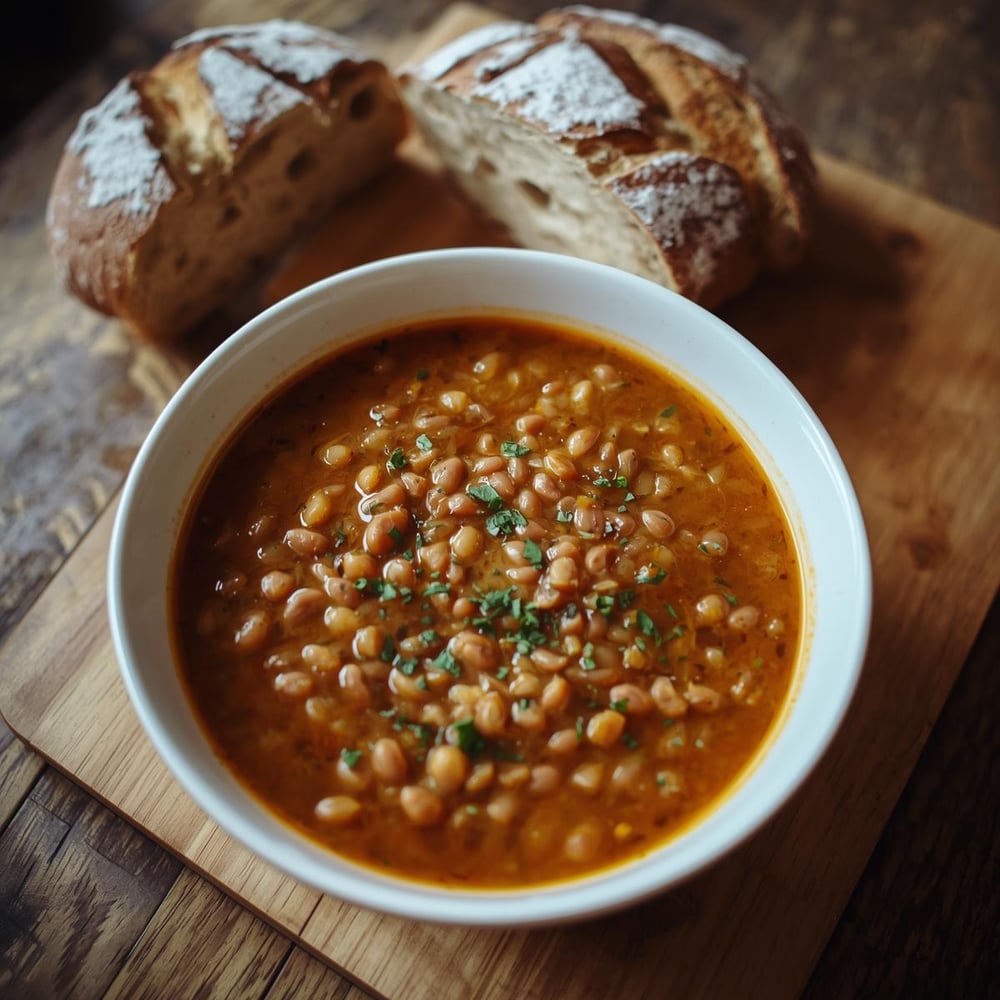 Dinner_ Lentil soup with whole wheat bread – Lentils are cheap, nutritious, and easy to cook. Pair with bread for a filling meal.