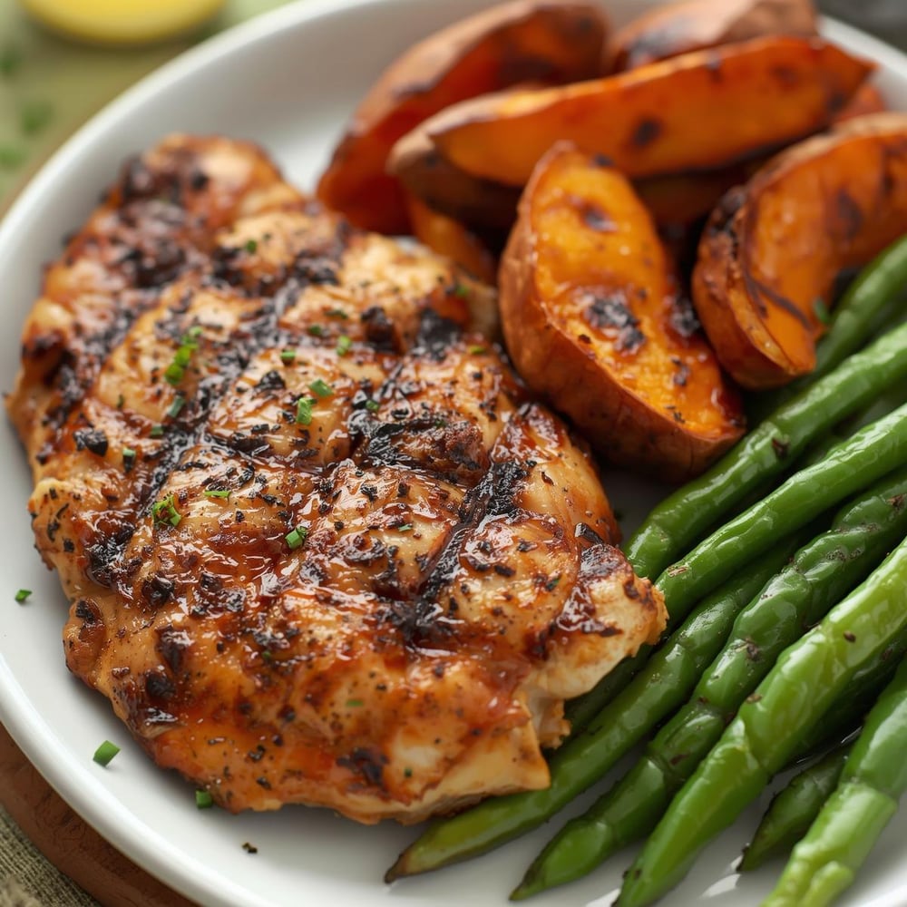 Dinner_ Grilled chicken with sweet potatoes and green beans – A balanced meal with lean protein and vegetables.