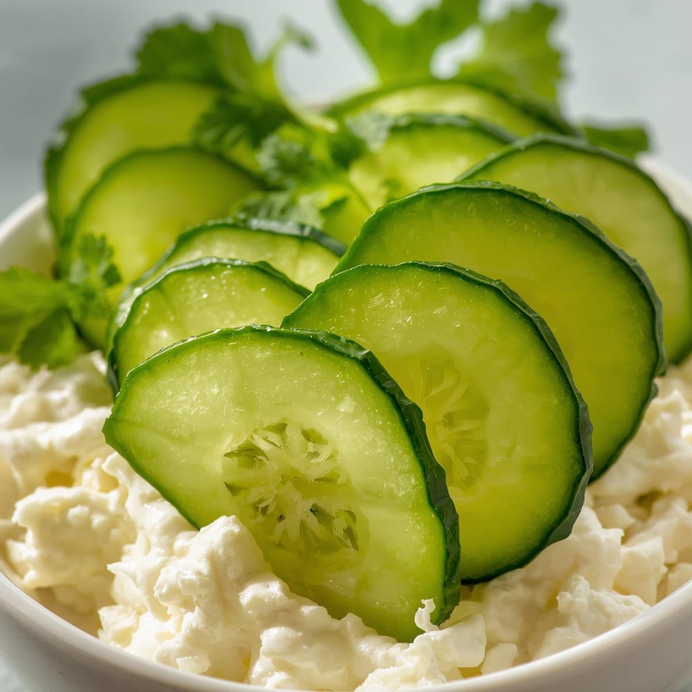 Snack_ Sliced cucumber with cottage cheese – A fresh, simple snack to keep you going.