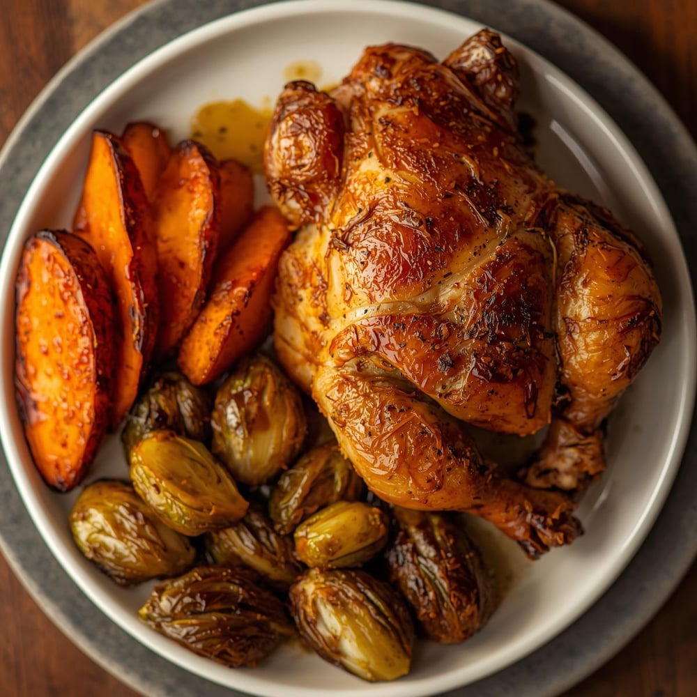 Dinner_ Roasted chicken with sweet potatoes and Brussels sprouts – Roasting chicken and vegetables is a cost-effective way to make a hearty meal.