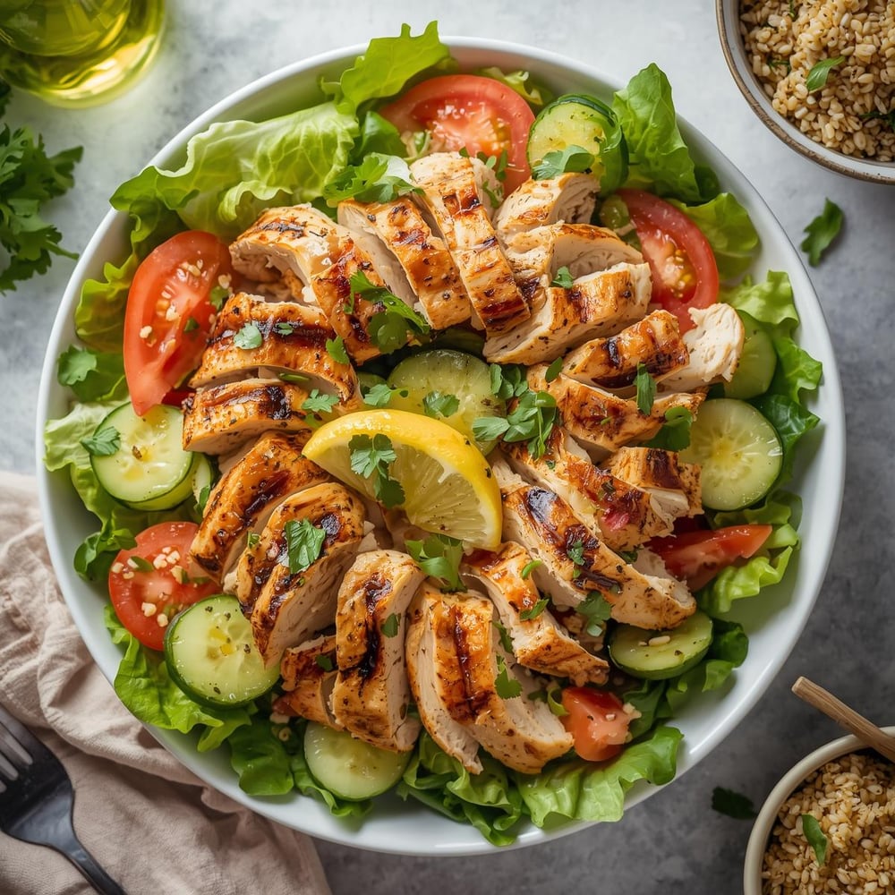 1. Grilled Chicken and Veggie Salad___Grilled chicken provides lean protein, while a variety of vegetables like lettuce, cucumbers, and tomatoes add vitamins and fiber. Toss the chicken and veggies together with a simple olive oil and lemon
