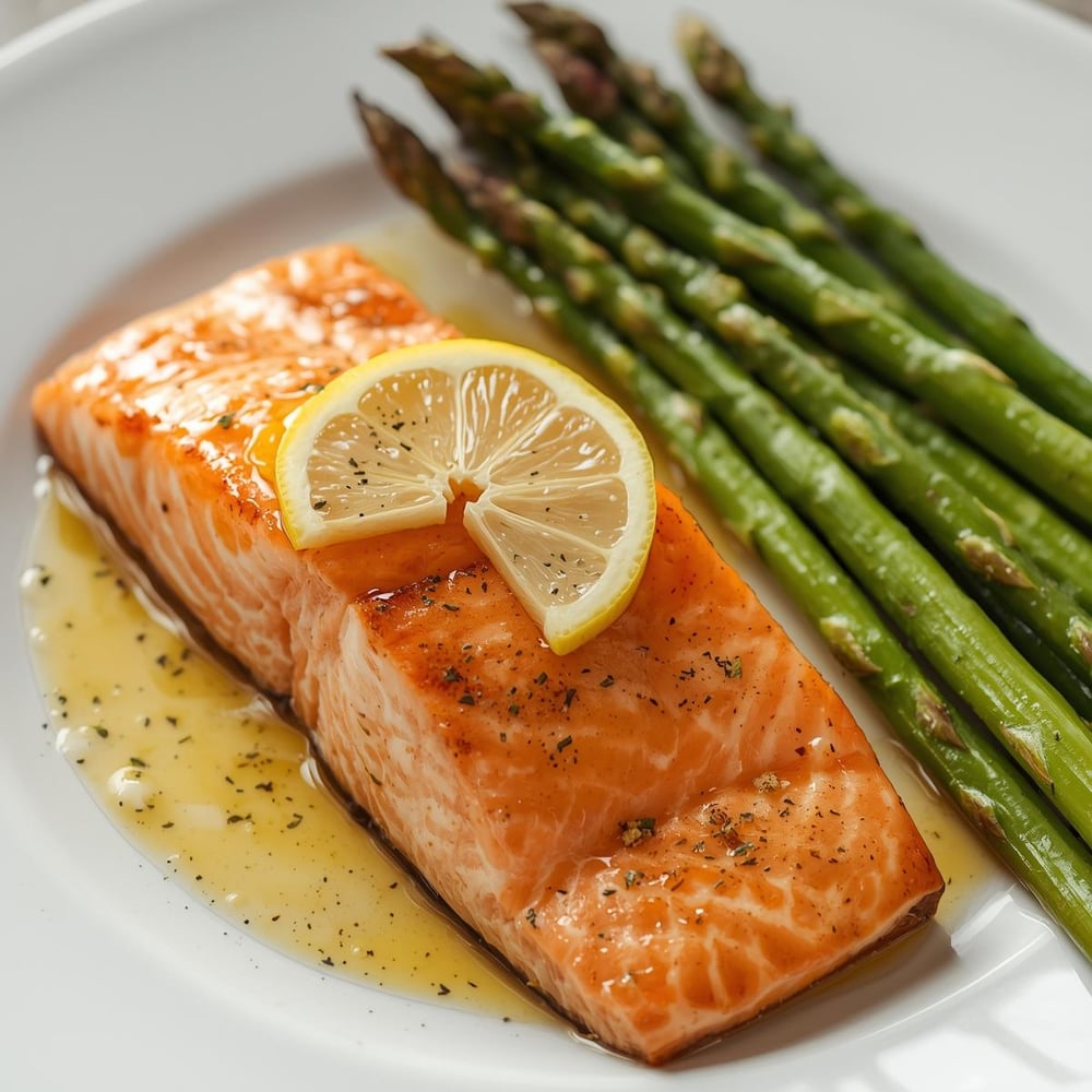 2. Baked Salmon with Steamed Asparagus_Salmon is high in protein and healthy fats, making it a great option for dinner. Paired with steamed asparagus, which is rich in fiber and low in calories, this meal keeps you full without overloading