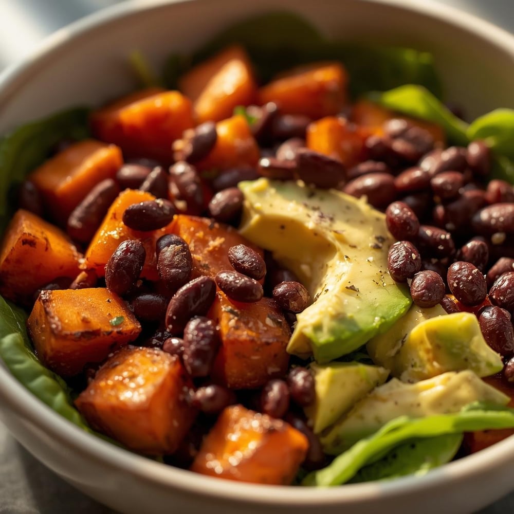 4. Sweet Potato and Black Bean Bowl_Sweet potatoes are rich in fiber and can help keep you full. Pair them with black beans for protein and top with avocado for healthy fats. Add some greens like spinach or kale for extra nutrients. This me