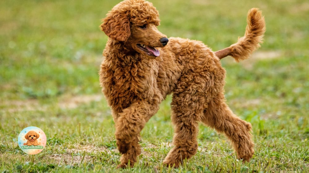 A fluffy, reddish-brown poodle stands on a grassy field, looking to the side with its tongue slightly out.