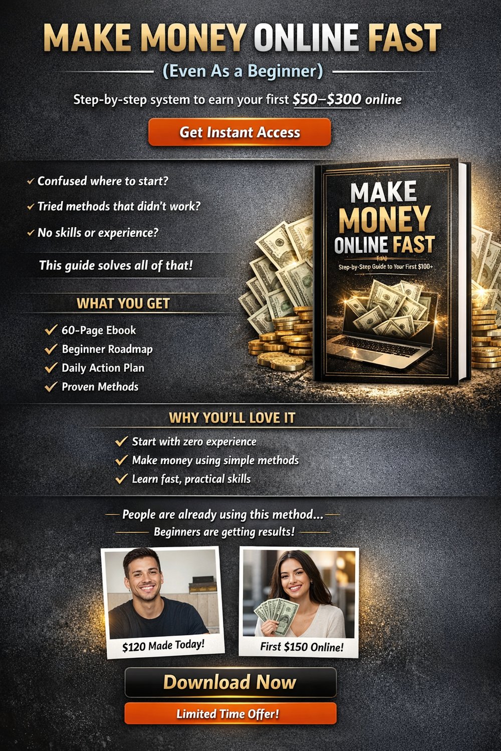 Make Money Online Fast ebook landing page with beginner guide, benefits, and download button.โ